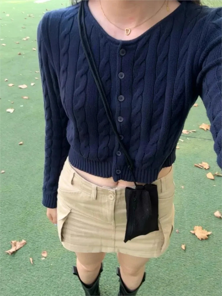Vintage Navy O-neck Knit Cardigan Women Autumn New Cotton Casual Streetwear Slim Cropped Sweaters Simple Sweet Y2K Jumper Tops