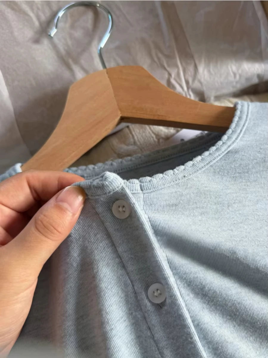 Blue Sweet Eyelet Knitted Long Sleeve Tees Women New Cotton Casual Slim Single Breasted Smock Tops Sweet Cute Basic T-shirts