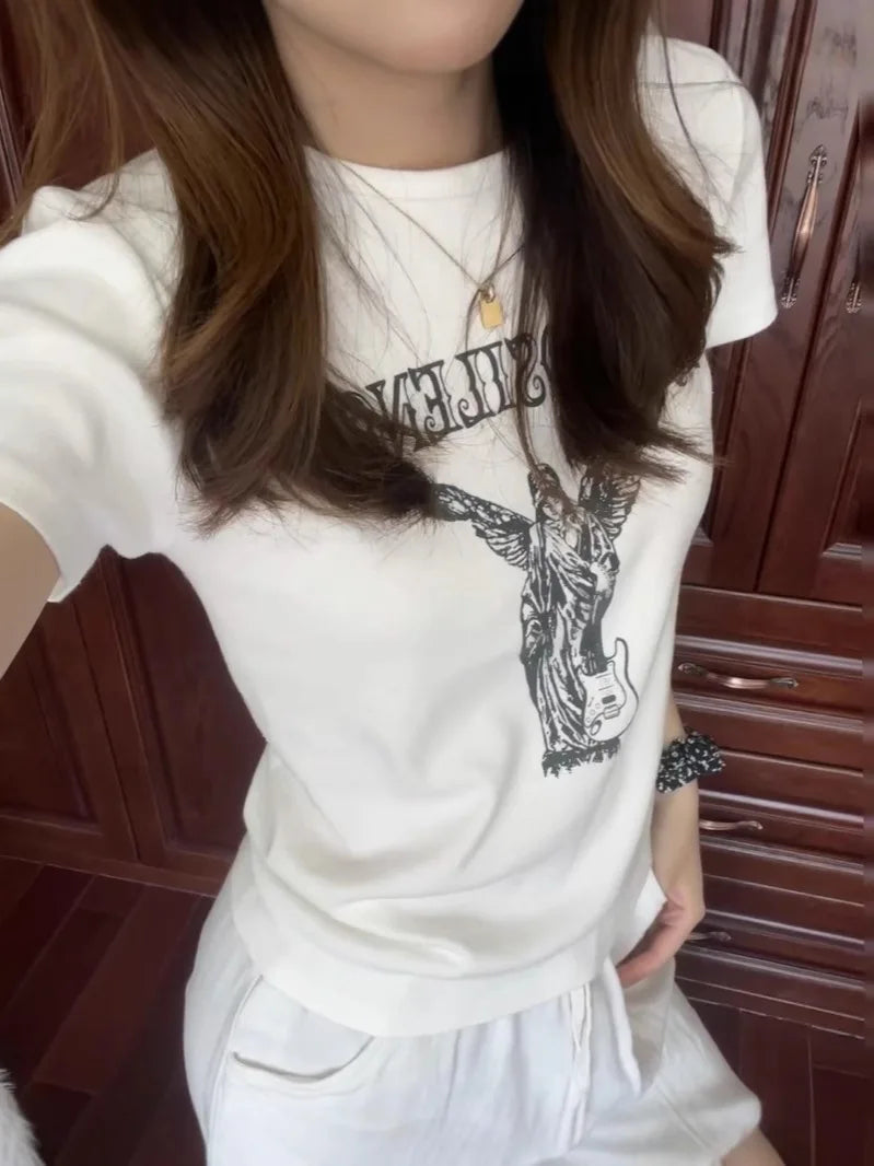Letter Print White T-shirt Women New Casual Streetwear Cotton Round Neck Short Sleeve Tee Shirt Vintage Sweet Tshirts Y2K Tops