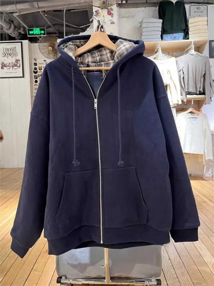 Plaid Print Thick Hoodie Coat Women Autumn Pockets Zip-up Drawstring Classic Pullover Tops Vintage Harajuku Y2K Chic Sweatshirts