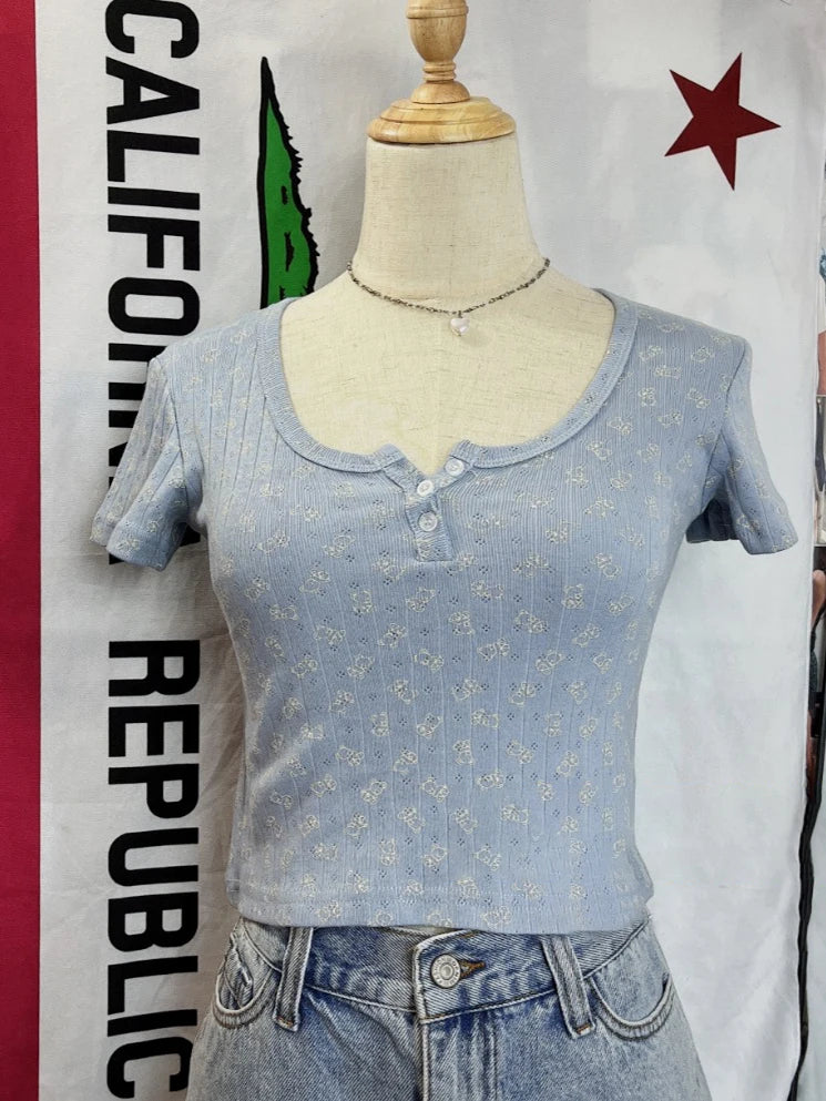 Blue Three Buttons Slim Crop Top Women Casual O-neck Cotton Short Sleeve T Shirt Grils Vintage Sweet Preppy Style Basic T-shirts