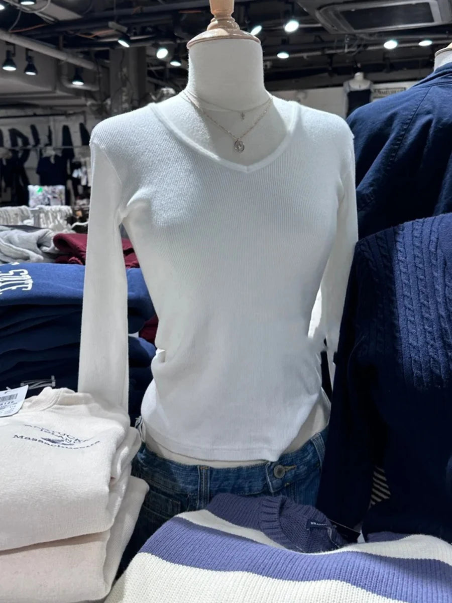 Sweet Solid V-neck Basic Long Sleeve Tees Women New Cotton Soft Simple Casual SlimTops All-match Simple T-shirts Spring