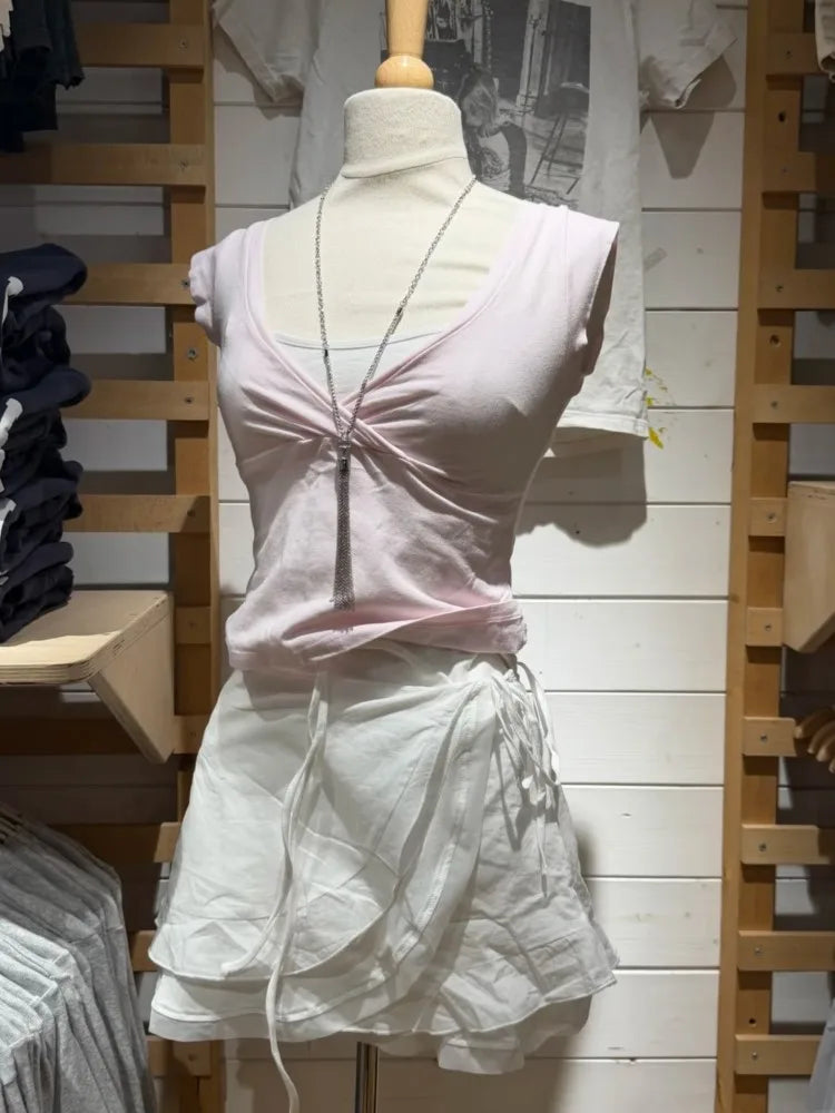 Pink V-neck Sleeveless T-shirts Women Summer Casual Fairy Style Slim Cotton Crop Tops Female Sweet Cute Streetwear Vests Y2K