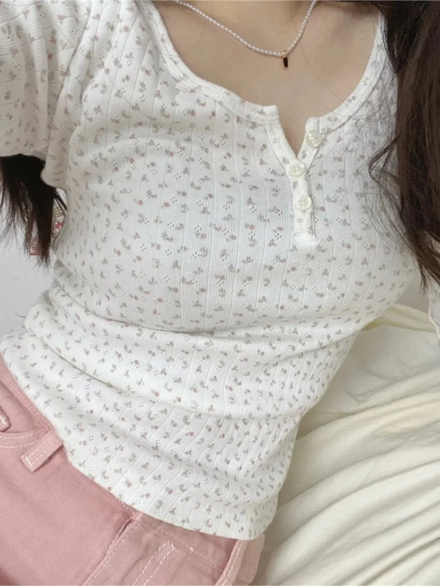 White Hollow Out T-shirts Women Cotton Soft Slim Raw Trim Crew Neck Long Sleeve Tops Clean Girl Vintage Cute Sweet Tees Clothes
