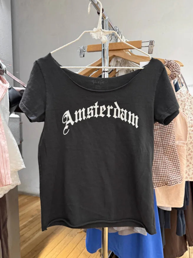 Letter Patchwork Embroidery T-shirts Women Casual Simple Raw Hem Slash Neck Short Sleeve Tees Vintage Chic Sweet Crop Tops Y2K