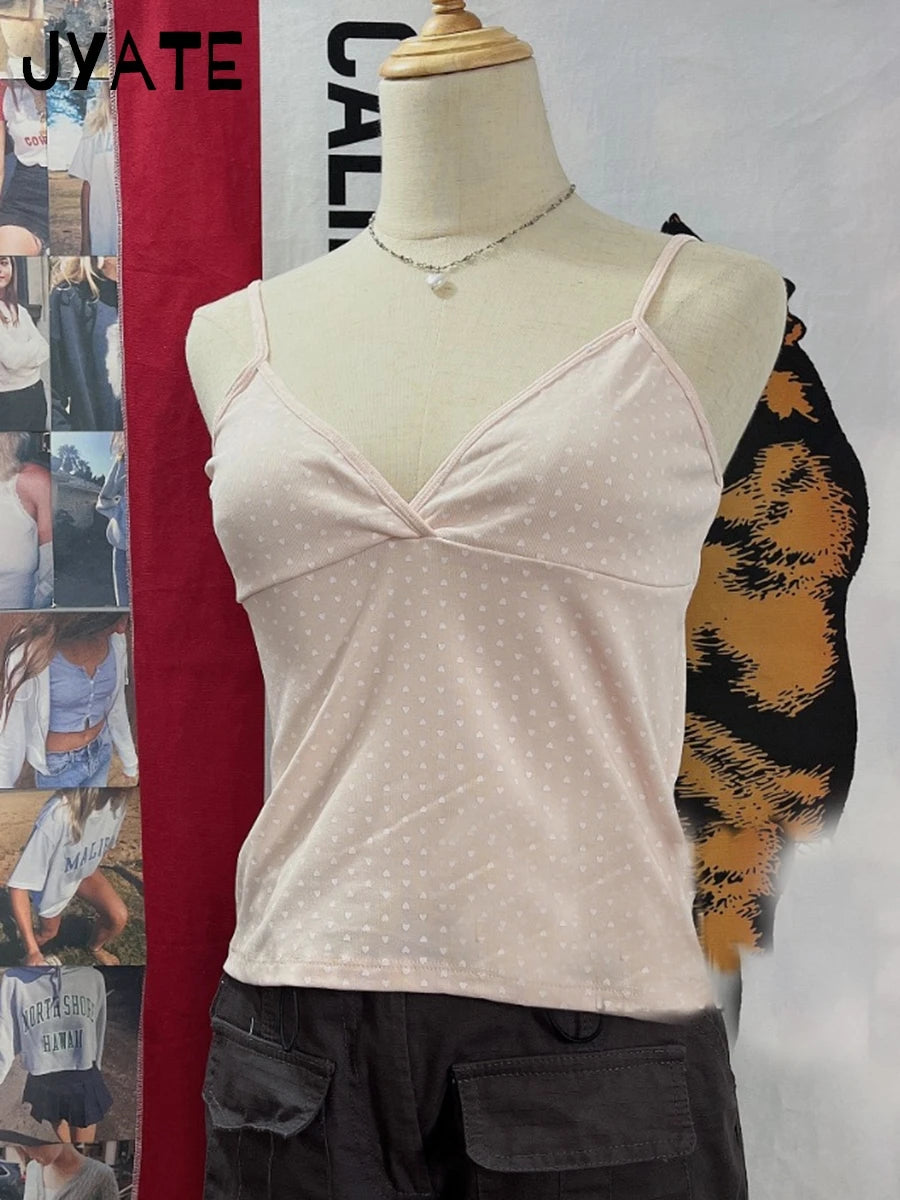 Heart Print Pink Sexy V-neck Tank Tops Women Summer Cotton Soft Preppy Slim Sleeveless Cropped Vests Sweet Cute Vintage Camisole