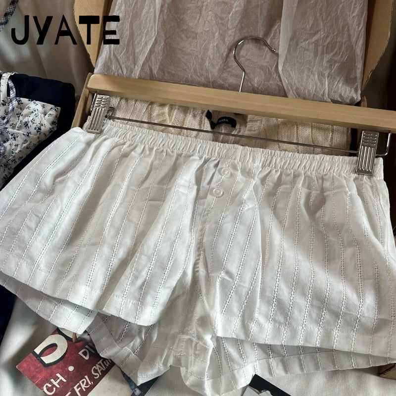 White Striped Cotton Pajama Shorts Women New Simple Casual Loose Elastic High Waist Short Pant Sweet Preppy Style Home Underwear