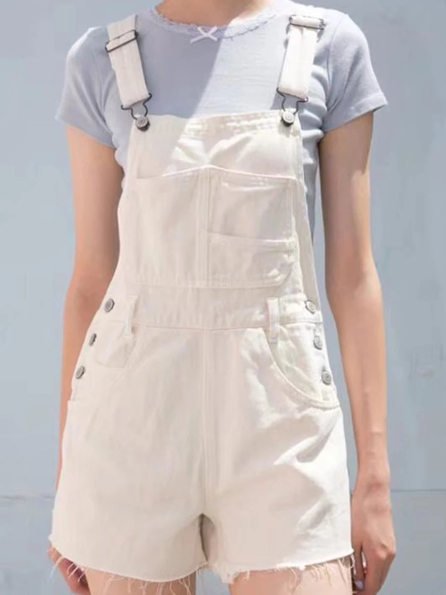 Vintage Pockets High Waist Straight Short Pants Ladies Casual Streetwear Buttons Raw Trim Shorts Vintage Chic Y2K Denim Overalls