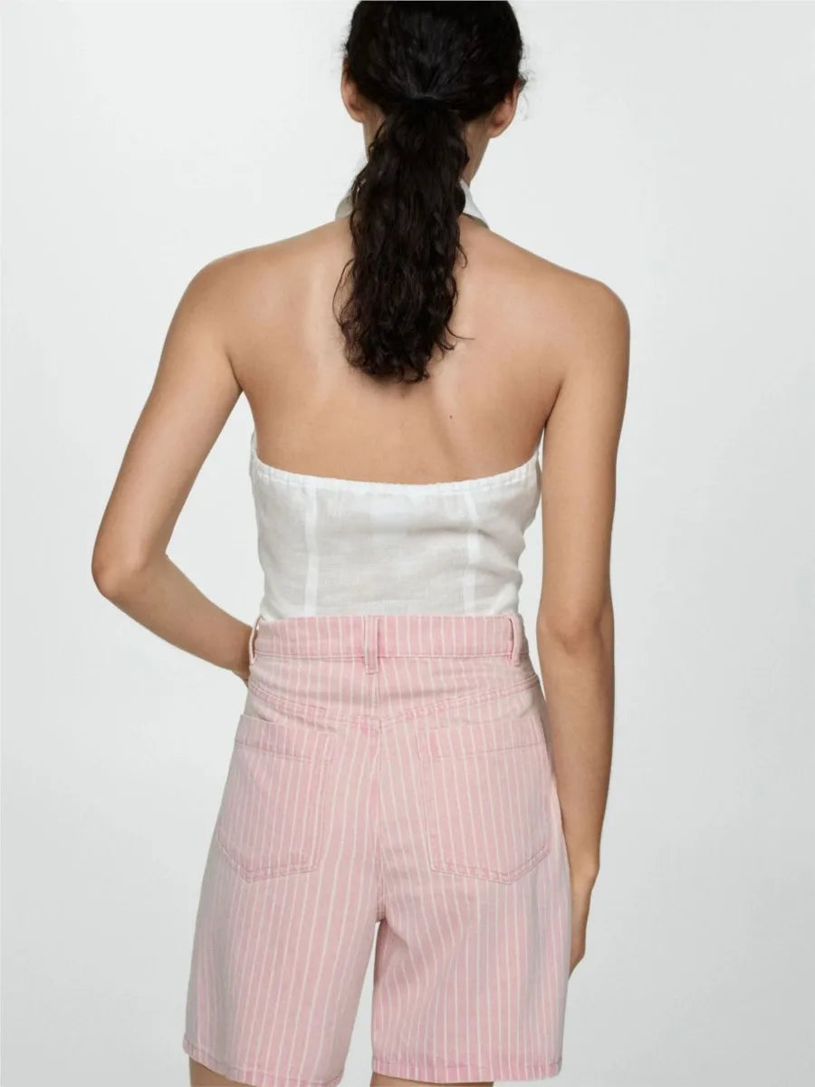 Pink Striped Pockets Cargo Pants Women Casual Cotton Loose High Waist Button Short Pants Vintage Sweet Preppy Style Sweatshorts