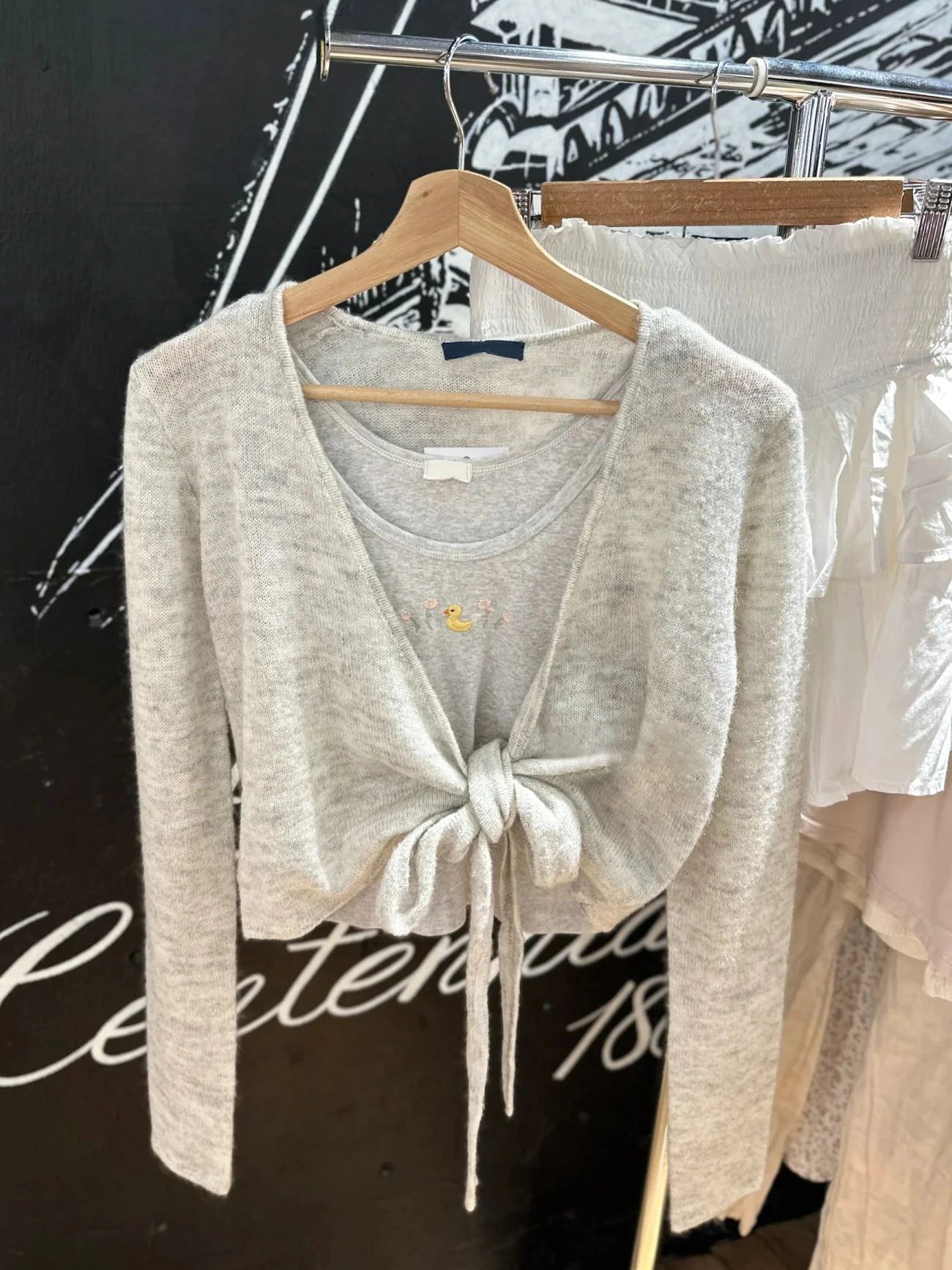Sweet Gray Lace-up Knitted Long Sleeve T-shirts Cardigan Women Autumn V-neck Cotton Casual Smock Simple Wrap Tee Crop Tops Y2K
