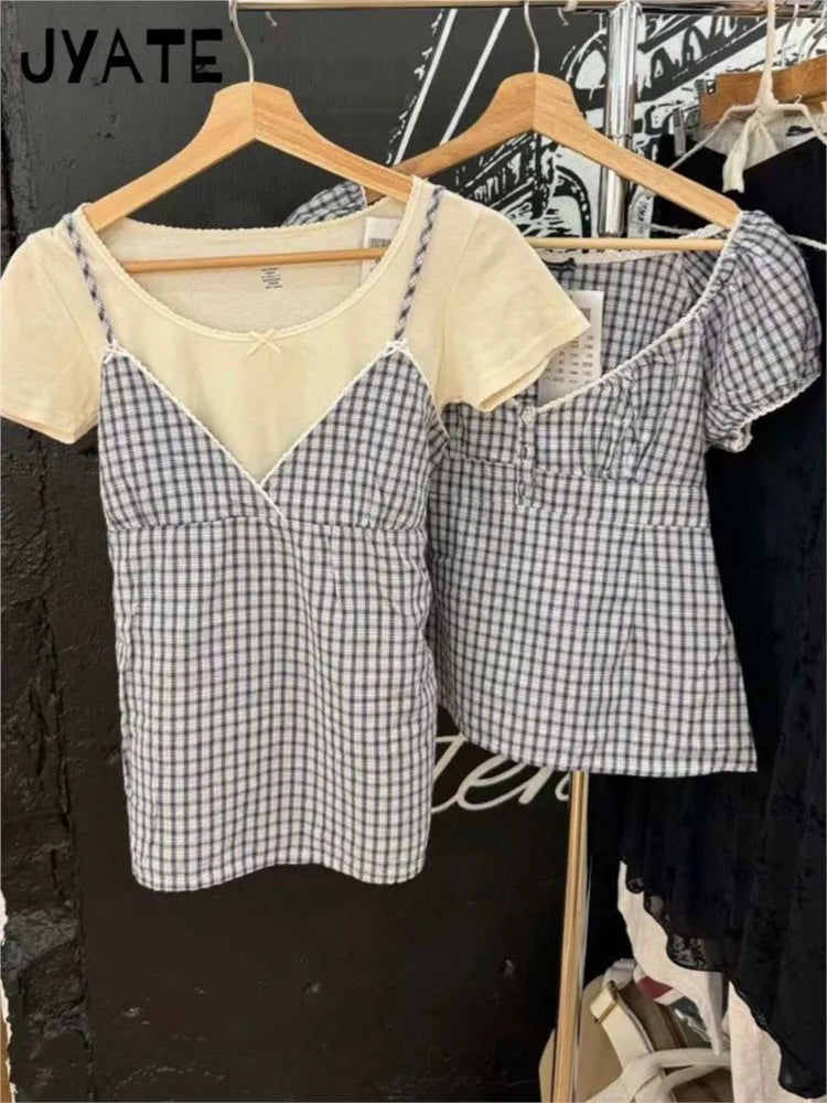 Lace Trim V-neck Plaid Bow Tank Tops Women Summer New Casual Streetwear Simple Back Lace-up Vest Vintage Sweet Chic Camisole Y2K
