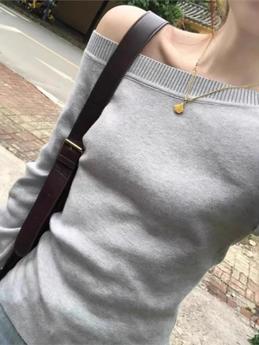 Gray Irregular Knit Long Sleeve T-shirt Women Autumn Fashion Slash Neck Sexy Cotton Slim Tee Sweet Preppy Style Knitwear Y2K Top