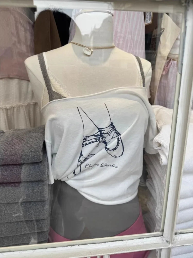 Raw Hem Slash Neck Crop Top Women Simple Ballet Shoes Print Slim Short Sleeve Tee Cute Sweet Preppy Style Cotton Tshirt Y2K