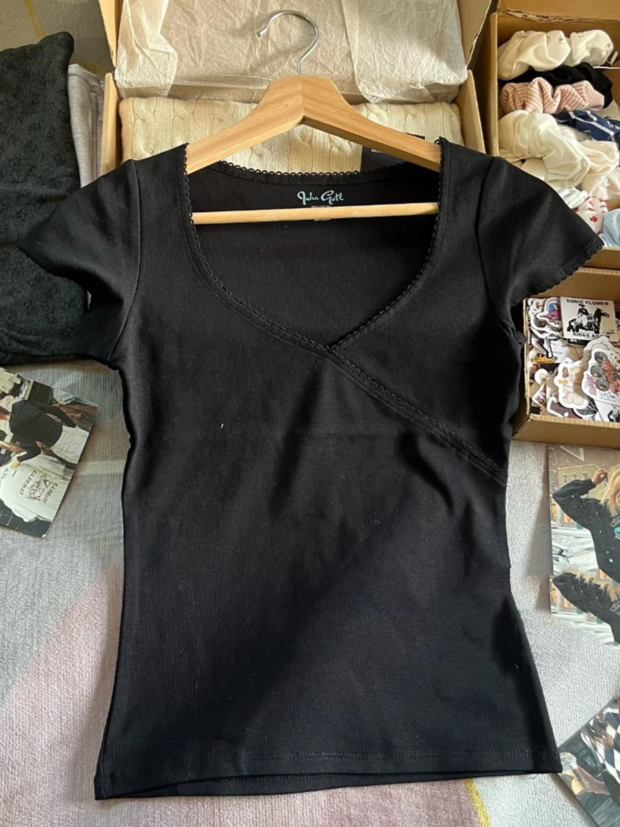 Sweet Crew Neck Solid Short Sleeve Tees Women Summer New Cotton Soft Casual Streetwear Chic Tops Vintage Cute Harajuku T-shirts