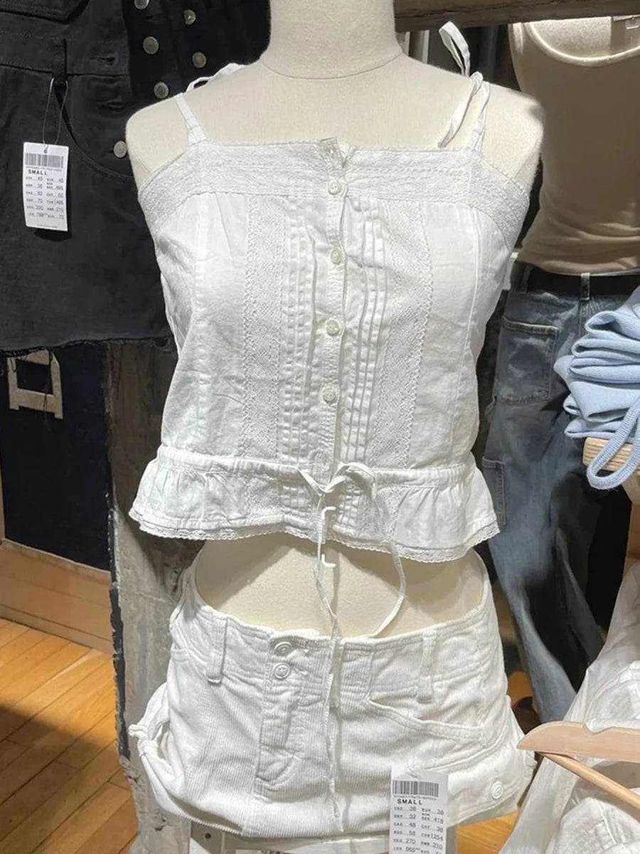 White Sheer Mesh Lace-up Camisole Women New Lace Trim Patchwork Bow Cute Cropped Vests Sweet Preppy Style Blouse Tank Tops Y2K