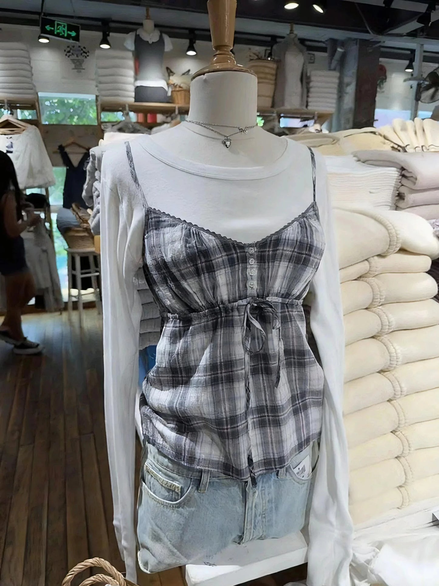 Retro Plaid Lace-up Ruffles Tank Tops Women Summer New Cotton Sexy Slim Buttons Strapless Vests Cute Vintage Preppy Camisole Y2K