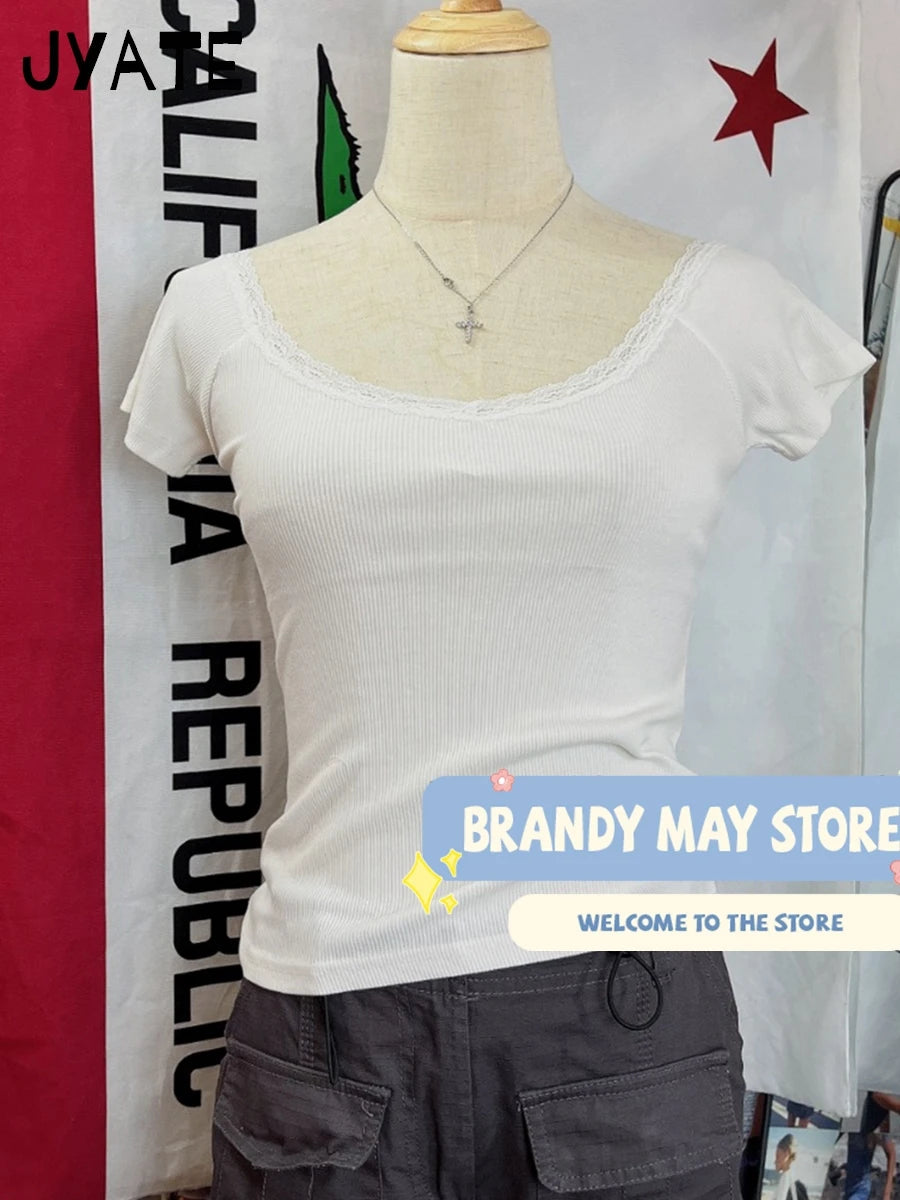 Lace Trim Pink V-neck T-shirts Women Cotton Ribbed Slim Casual Preppy Style Short Sleeve Tees Femme Vintage Sweet Cute Tops Y2K