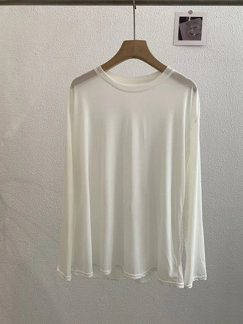 Sweet Thin Sun Protection T-shirts Women Summer Casual Streetwear Lyocell O-neck Long Sleeve Tees Chic Preppy Style Tops Y2K New