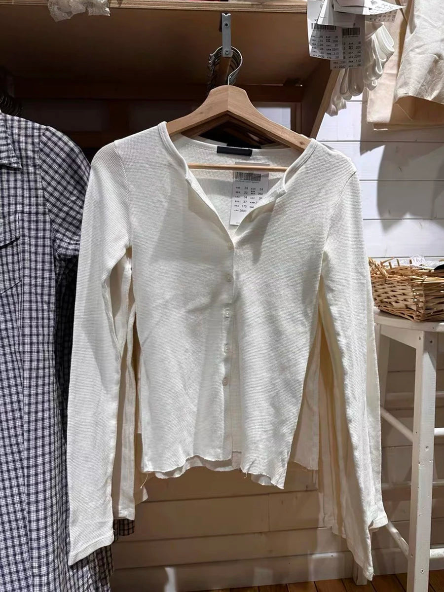 Waffle White Slim Cotton T-shirt Women New Round Neck Single Breasted Long Sleeve Tees Casual Sweet Simple Basic Tshirts Y2K Top