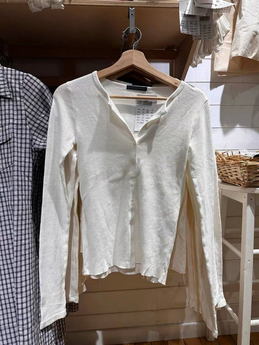 Waffle White Slim Cotton T-shirt Women New Round Neck Single Breasted Long Sleeve Tees Casual Sweet Simple Basic Tshirts Y2K Top