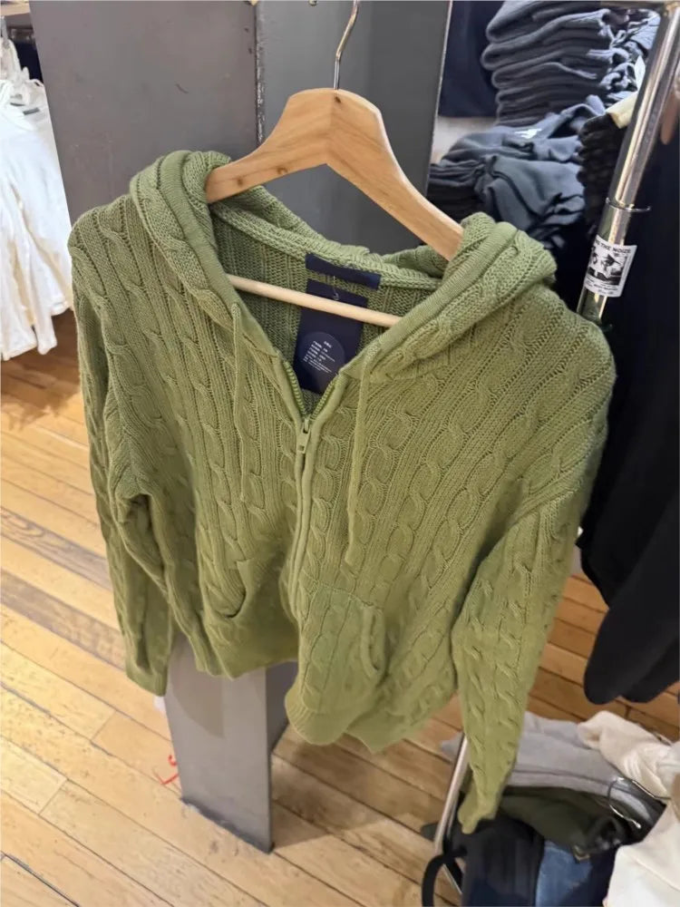 Green Twisted Flower Hooded Zipper Coat Women Fall Winter Long Sleeve Pocket Knit Knitwear Sweet Preppy Style Cardigan Sweater