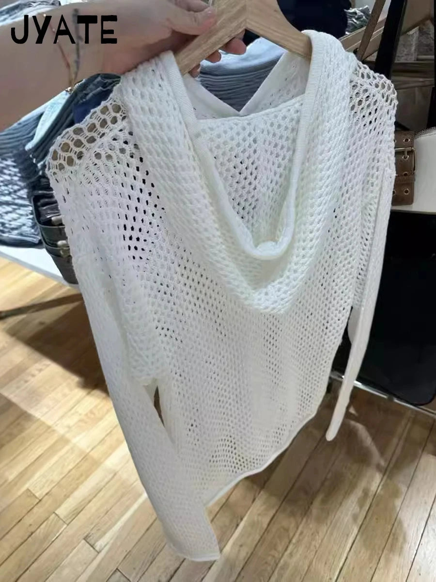 Hole White Long Sleeve Hoodies Tops Women New Cotton Knitted Streetwear Sexy Pullover Vintage Chic Preppy Style Sweatshirts Y2K