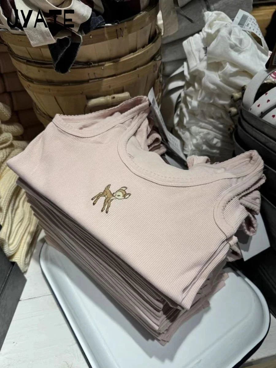 Pink Little Deer Embroidery Tank Tops Women New Ribbed Cotton Raw Hem U Collar Slim Sleeveless Vests Cute Sweet Vintage Camisole