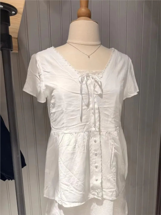 White Lace Trim Short Sleeve T-shirt Blouse Summer V-neck Single Breasted Thin Tees Solid Transparent Elegant Woman's Shirts