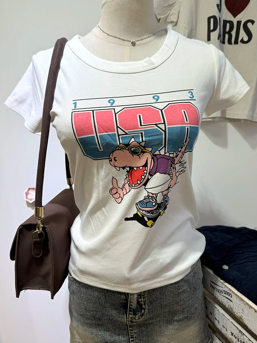 Cute Dinosaur Car Print O-neck T-shirts Women New Casual Cotton Soft Preppy Style Short Sleeve Tee Streetwear Vintage Sweet Tops