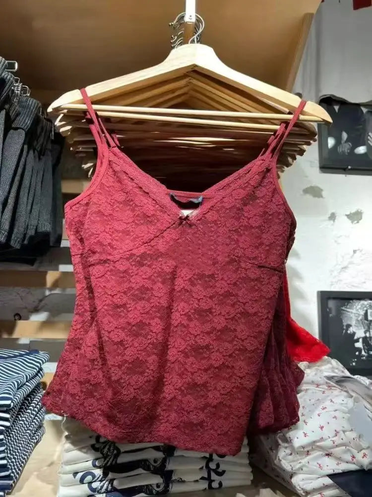 Claret Lace Bow V-Neck Tank Top Summer Sleeveless Thin Slim Sleeveless Vest Women Sweet Vintage Streetwear Sexy Crop Tops Y2k