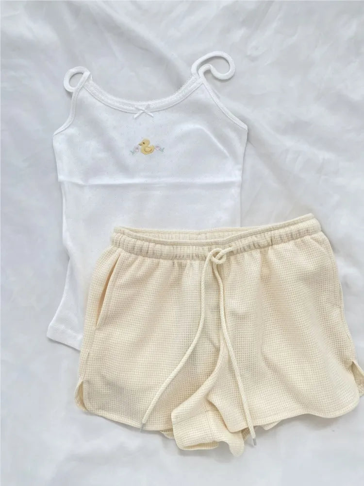 Yellow Duck Shorts 2 Pieces Set Women Bow Slim Eyelet Tank Top+Waffle Drawstring Straight Short Pant Outfit Sweet Cute Suit Sets