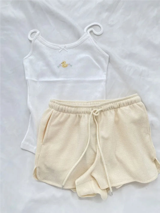 Yellow Duck Shorts 2 Pieces Set Women Bow Slim Eyelet Tank Top+Waffle Drawstring Straight Short Pant Outfit Sweet Cute Suit Sets