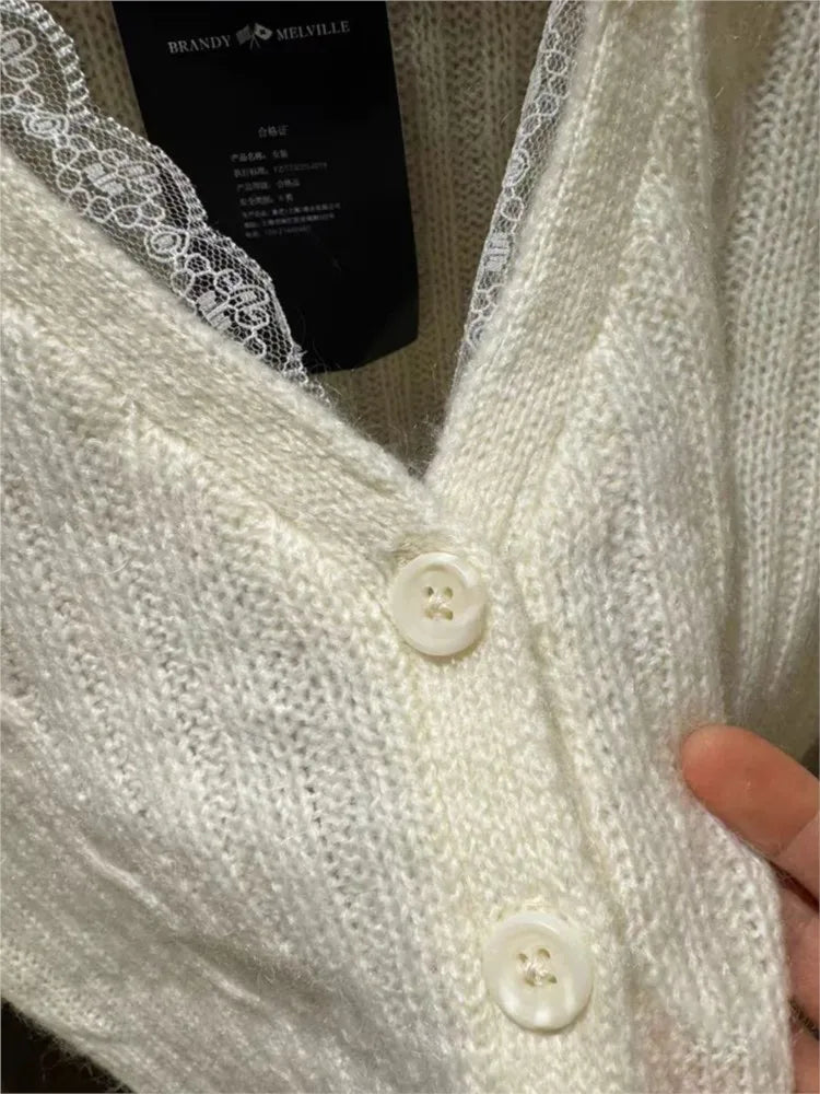 Sweet Lace Trim Twisted Flower Sweater Coat Women Autumn New Cotton Sexy V-neck Slim Crop Tops Casual Vintage Chic Cardigan Y2K