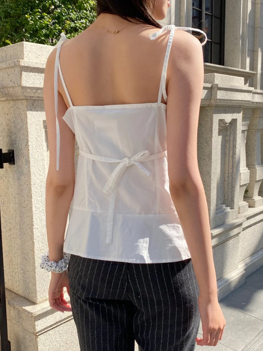 White Simple Lace Trim Lace-up Tank Tops Women Summer New Single Breasted V-neck Slim Camisole Female Sweet Cotton Vest Y2k Tops