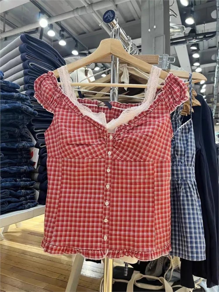 Red Plaid Slim T-shirt Blouse Women Summer Ruffles Single Breasted V-neck Short Puff Sleeve Shirt Female Vintage Sweet Tops New