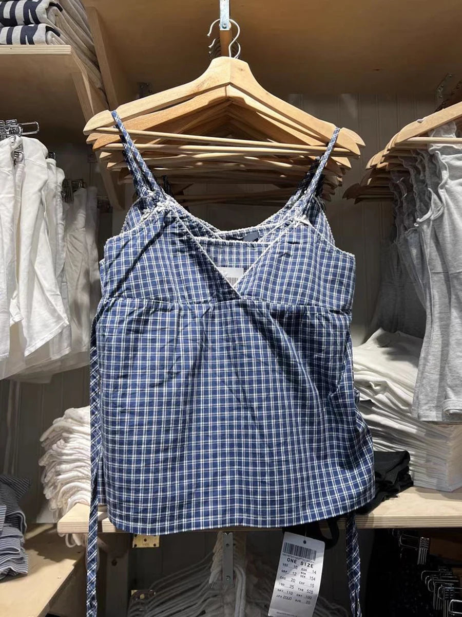 Sweet Blue Plaid Lace-up Tank Top Women Summer New Cotton Lace Trim Bow V-Neck Sleeveless Camis Vintage Cute Chic Crop Tops Y2K