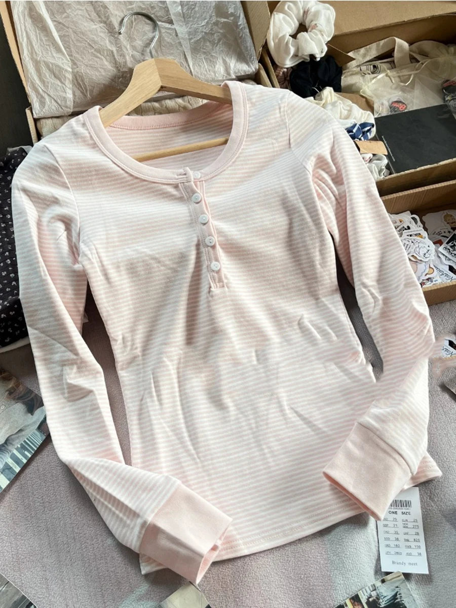 Sweet Pink Striped Long Sleeve T-shirt Woman Spring New Y2K O-Neck Cotton Slim Tshirts Tops Female Cute Preppy Style Tee Shirts