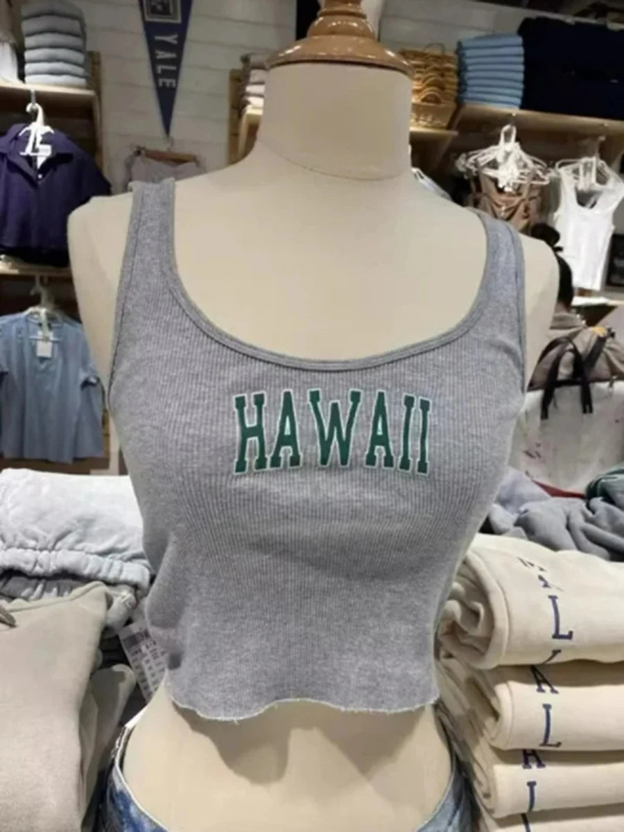 Fashion Gray Letter Print Sleeveless Vests Women Summer Slim Sexy Ribbed Chic Streetwear Crop Tops Female Vintage Y2K Cute Camis