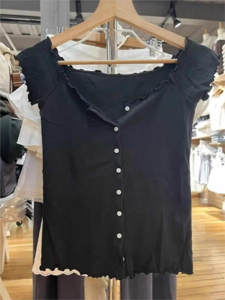 Black Fungus Trim Slim T-shirt Woman Summer Simple O-neck Ribbed Single Breasted Short Sleeve Cotton Tee Casual All-match Tops