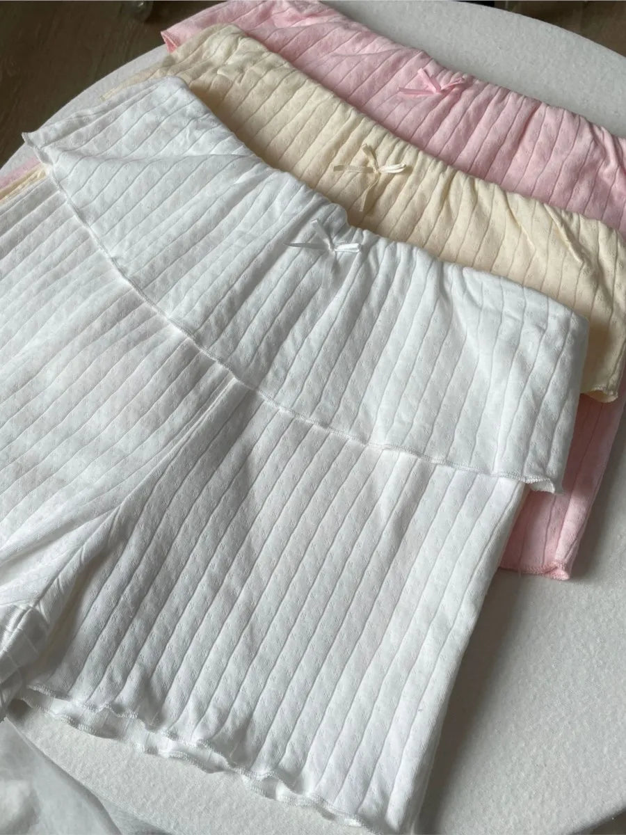 Cute Bow Eyelet Flange Shorts Women Spring Solid Elastic Waist Cotton Straight Short Pants Sweet Home Underwear Y2K Sweatshorts