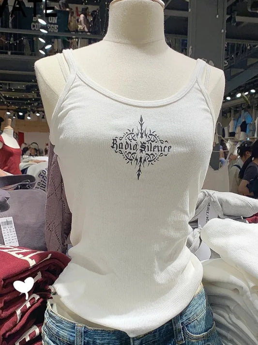 Retro Letter Print Ribbed Tank Tops Women Summer New Slim Casual Simple U-neck Sleeveless Vests Sweet Cute Vintage Camisole Y2K