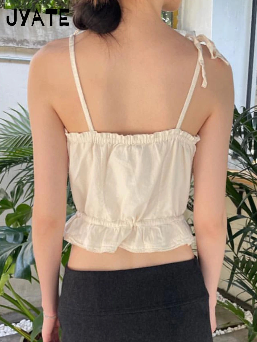 Women's Beige Buttons Strappy Tank Tops Women Summer New Slim Lace Trim Ruffle Cropped Vest Sweet Cute Vintage Chic Camisole Y2K
