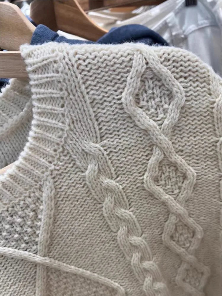 Sweet Beige Twist Flower Knit Sweater Woman Autumn Round Neck Long Sleeve Jumper Casual All-match Pullover Preppy Style Sweaters