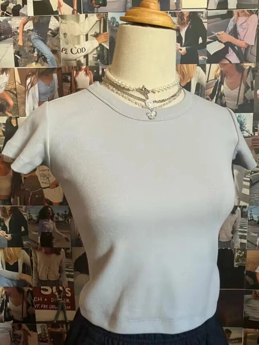 Pink Sweet Cotton Slim Crop Tops Women Summer New Casual O-neck Solid Short Sleeve Tees Female Cute Simple Basic Y2K T-shirts