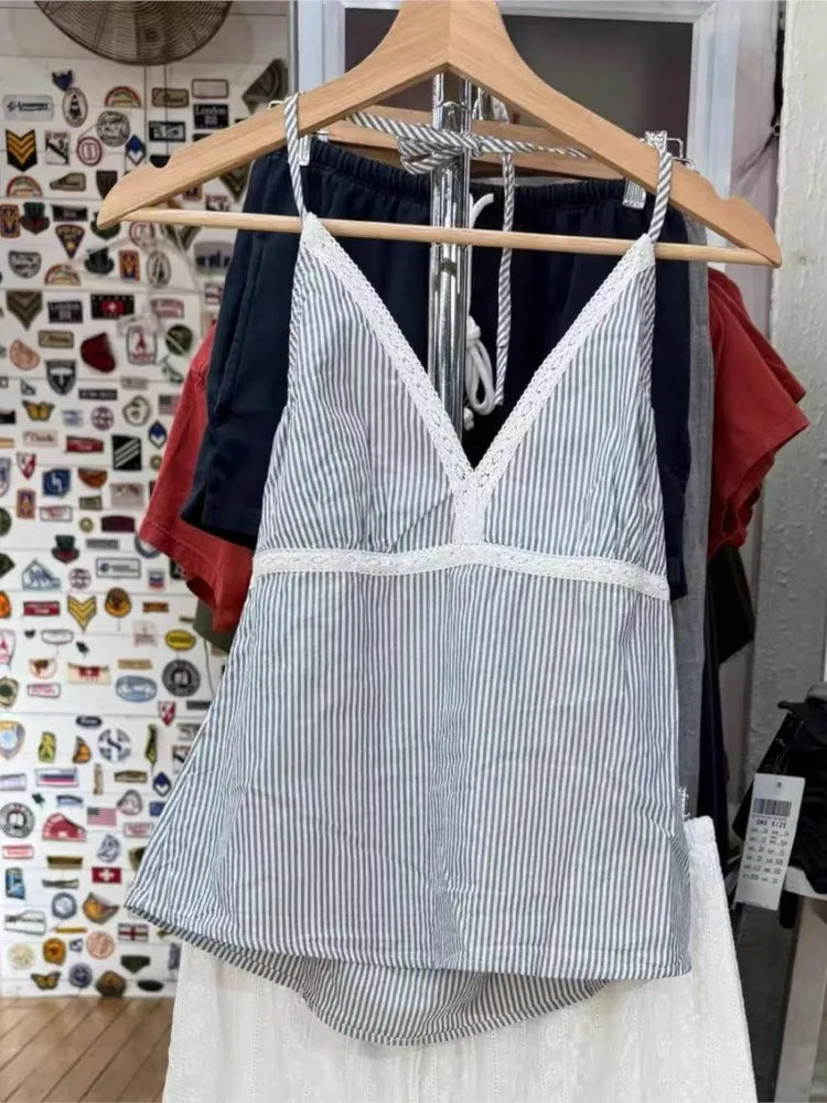 Blue Striped Lace-up Halter Crop Top Woman Summer Cotton Lace Trim Deep V-neck Backless Sleeveless Vests Sweet Chic Camisole New