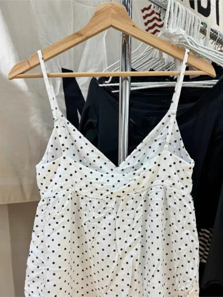 Deep V-neck Polka Dot Tank Top for Women Summer New White Casual Backless Cotton Camisole Female All-match Slim Sweet Vest Tops