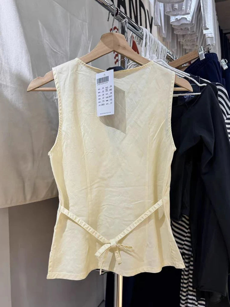Yellow Sexy V-neck Tank Top Women Summer Cotton Back Lace-up Sleeveless  Camisole Sweet Cute Preppy Style Casual Simple Y2k Tops
