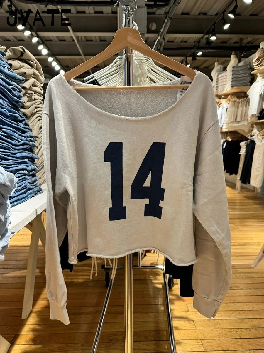 Fashion 14 Print Slash Neck Long Sleeve Tees Women New Cotton Crimping Preppy Style Loose Tops Vintage Chic Sweet T-shirts Y2K
