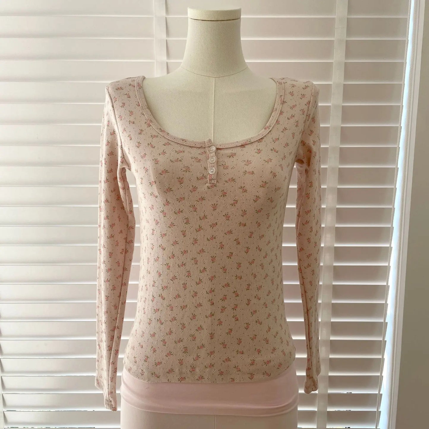 Floral Zelly T-shirts Women Spring Casual Simple Cotton Soft Button Long Sleeve Tees Sweet Cute Preppy Style Tshirt