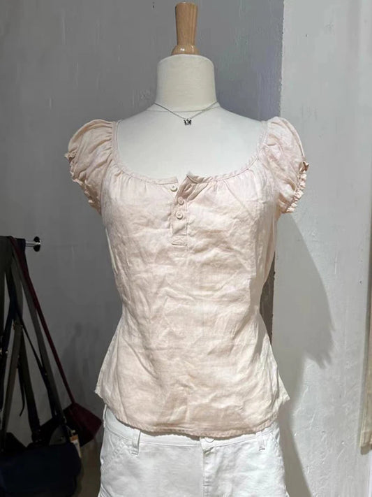 Pink Lace-up Ruffles Sleeve Tees Women Summer Simple Casual Flax Cotton U-neck Buttons Tops Sweet Preppy Style T-shirts Y2K New